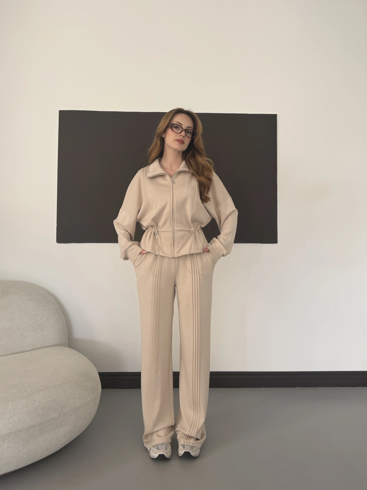 Modal Kumaş Bel Büzgü Detaylı Takım Bej