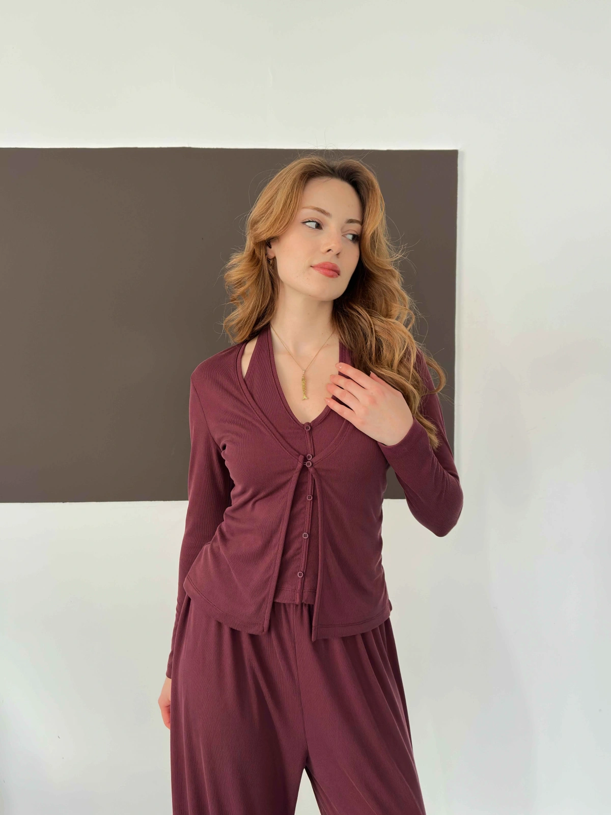 Modal Kumaş Üçlü Mudail Takım Bordo
