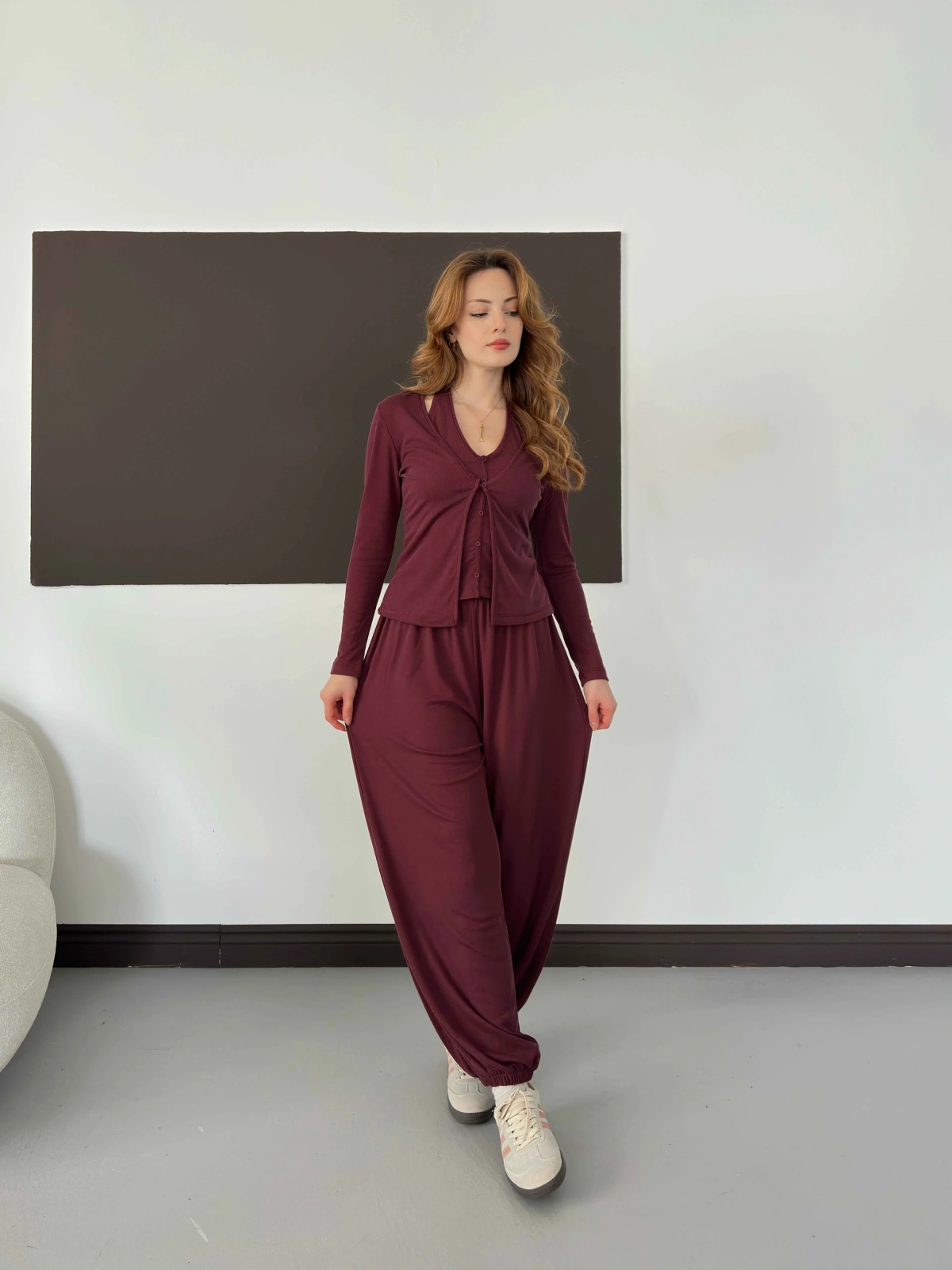Modal Kumaş Üçlü Mudail Takım Bordo