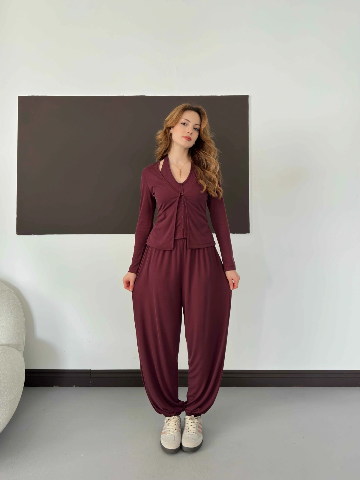 Modal Kumaş Üçlü Mudail Takım Bordo