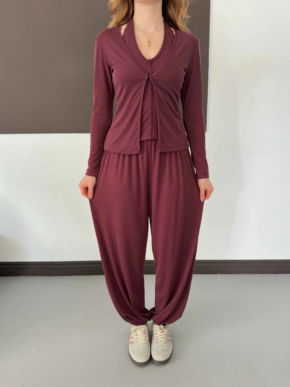 Modal Kumaş Üçlü Mudail Takım Bordo