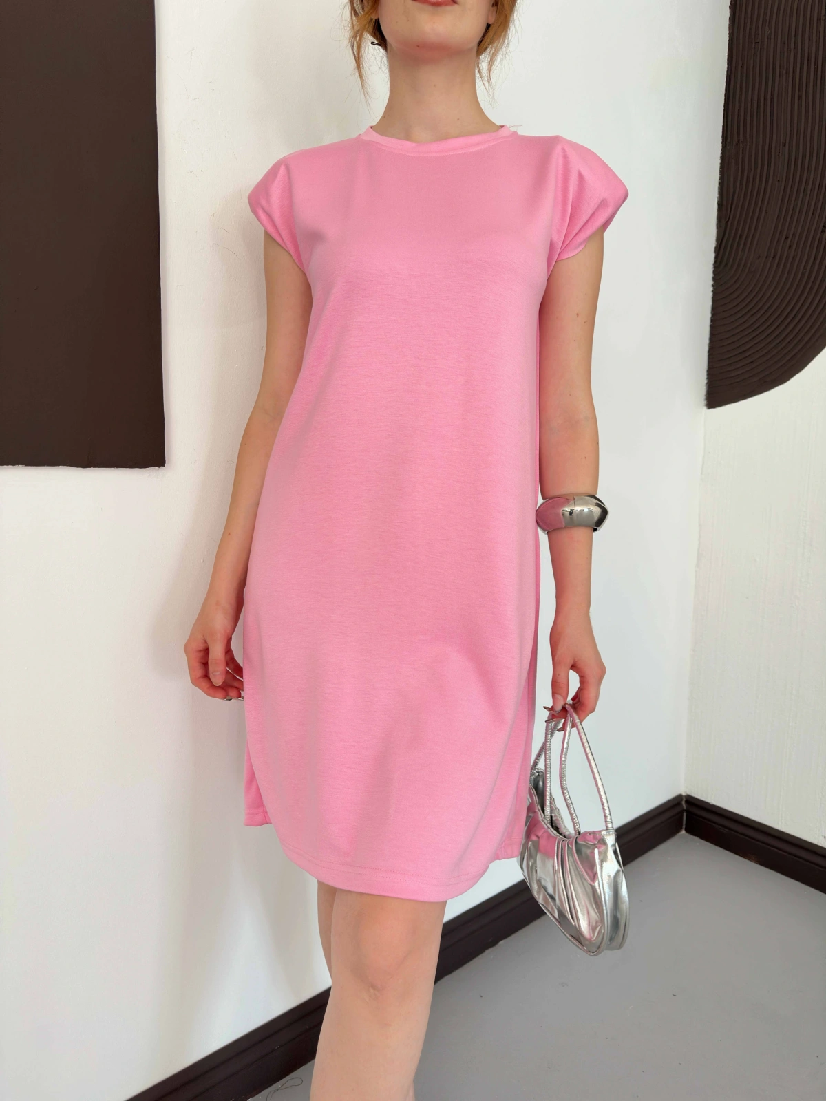 Omuz Vatkalı Sandy Basic Elbise Pembe