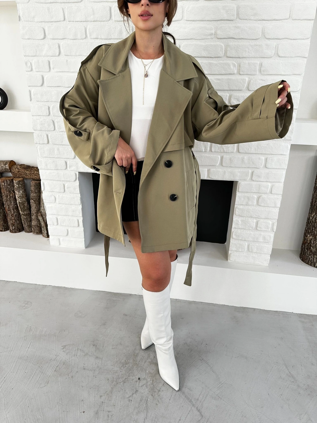 Parça Detalı Oversize Trençkot Haki