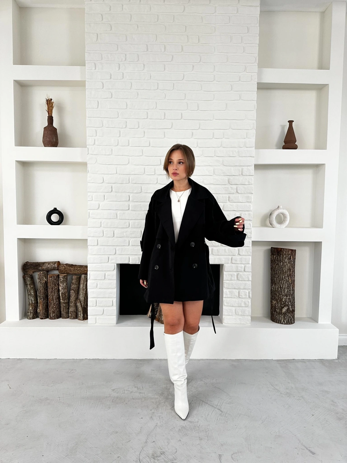 Parça Detalı Oversize Trençkot Siyah