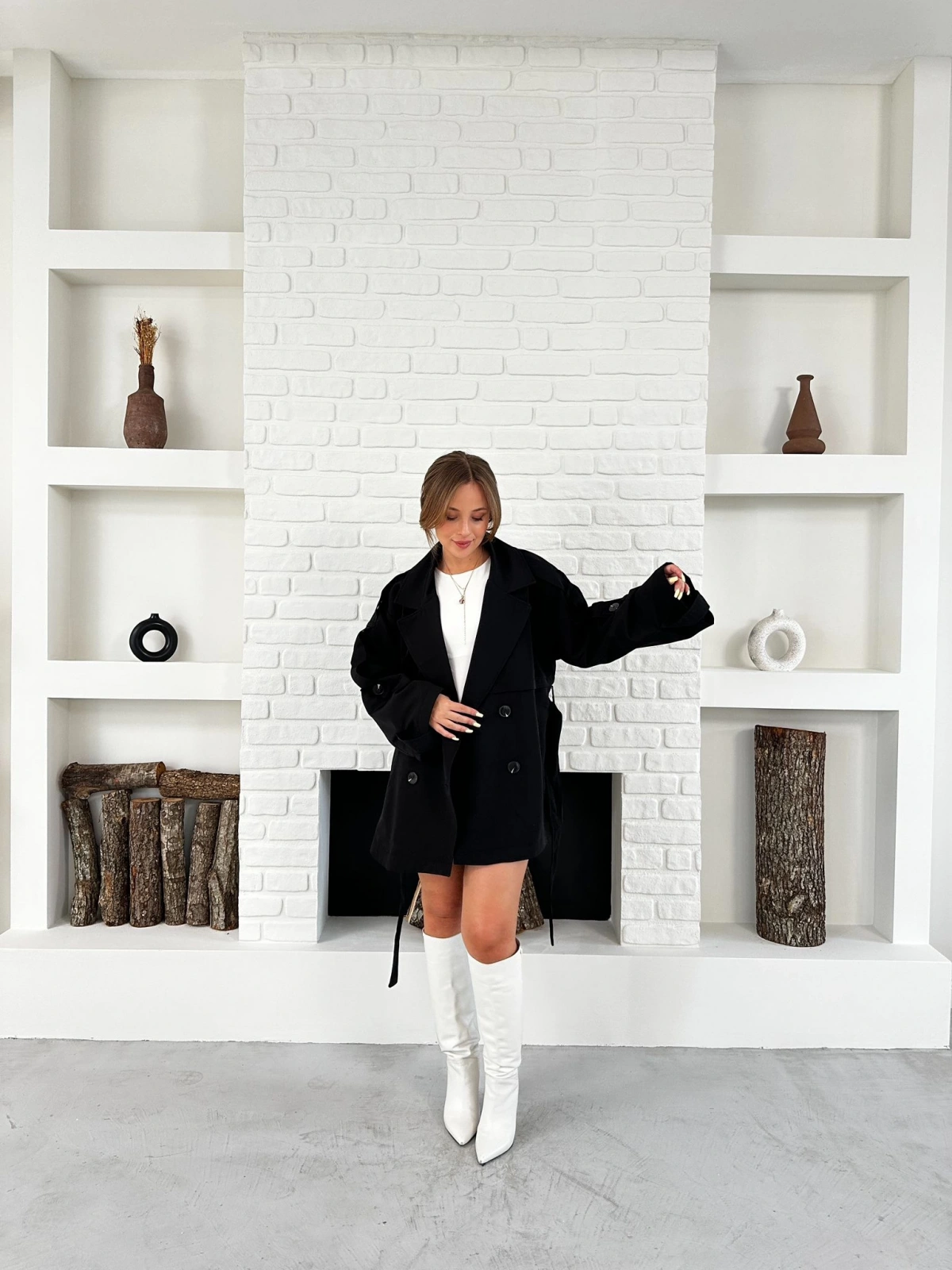 Parça Detalı Oversize Trençkot Siyah