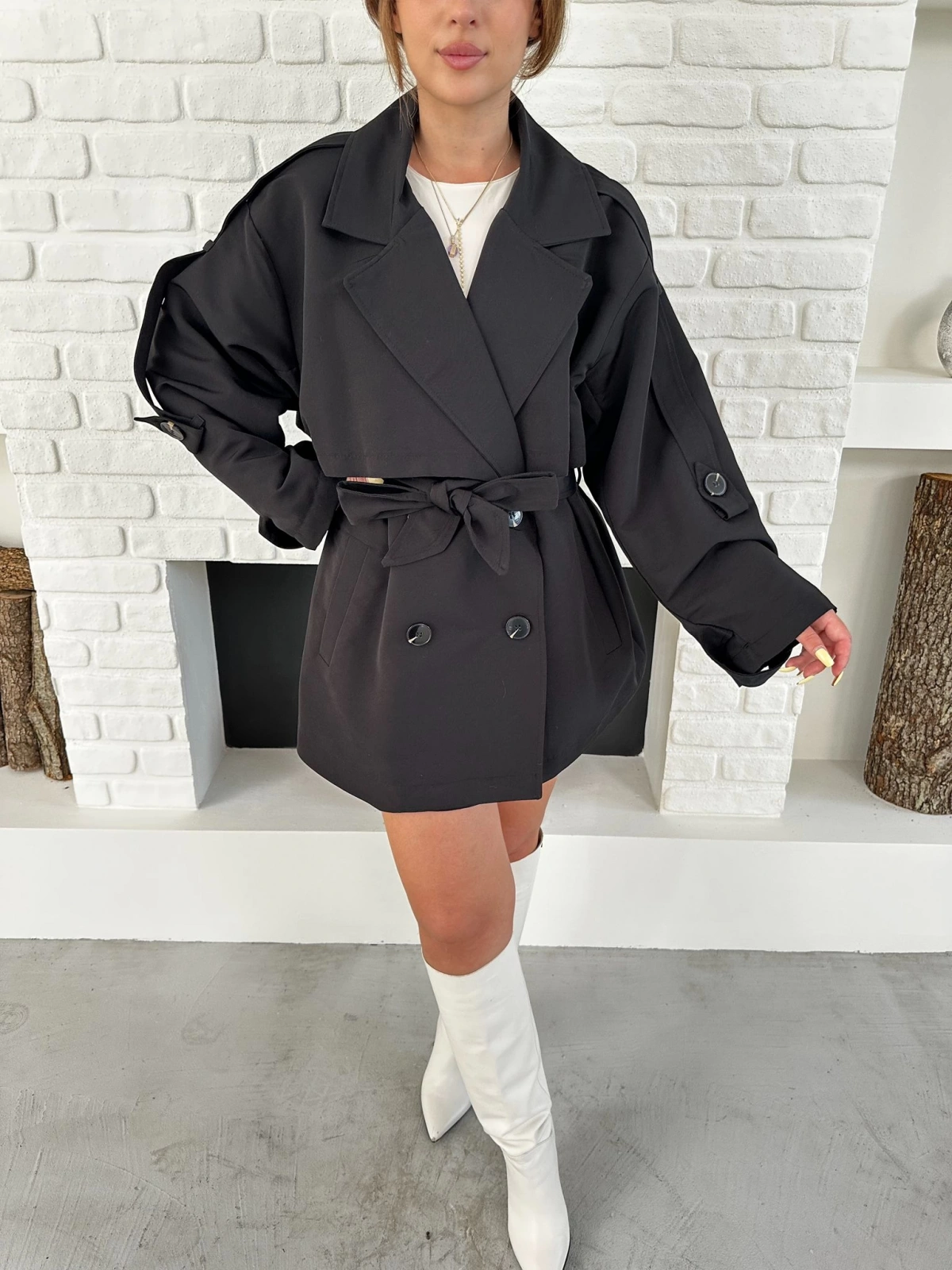 Parça Detalı Oversize Trençkot Siyah