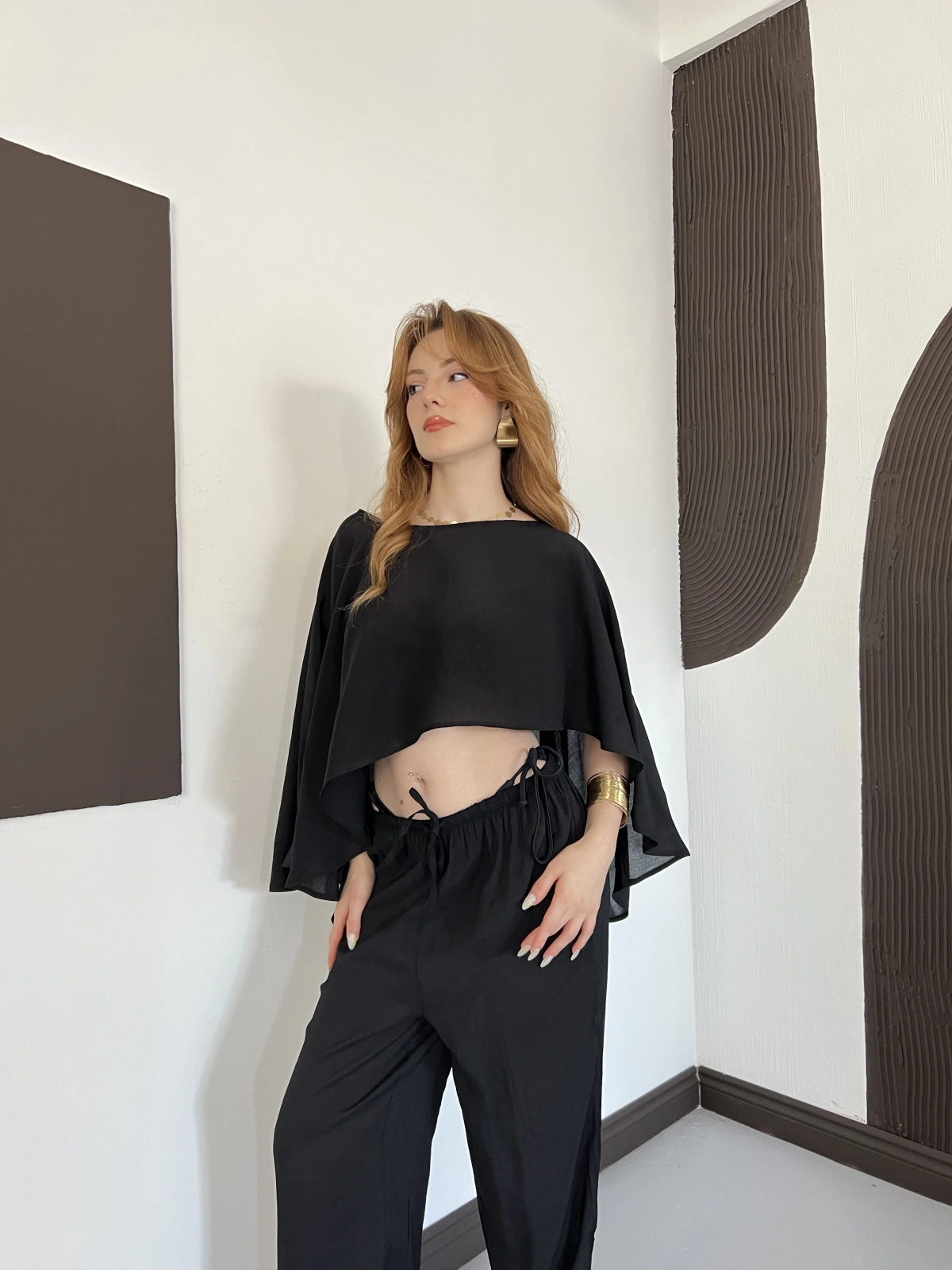 Pelerin Bluz Pantolon Plaj Takım Siyah