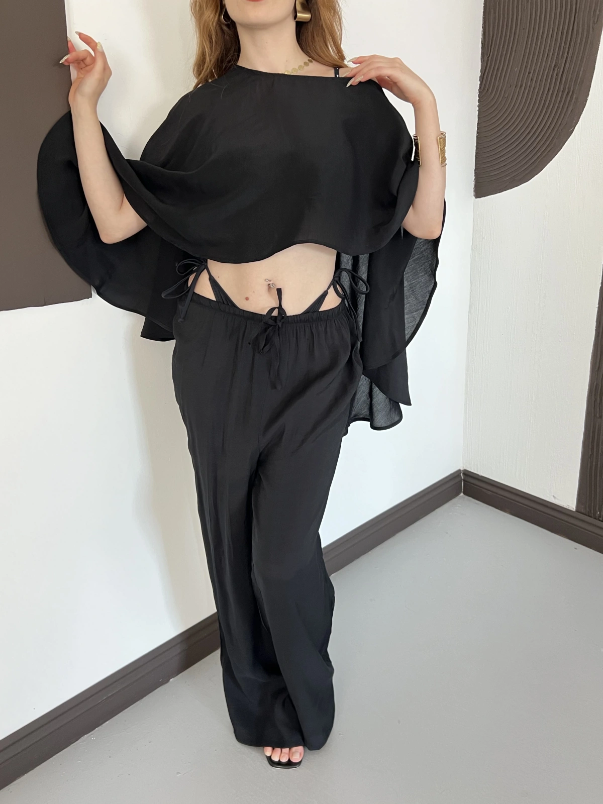 Pelerin Bluz Pantolon Plaj Takım Siyah