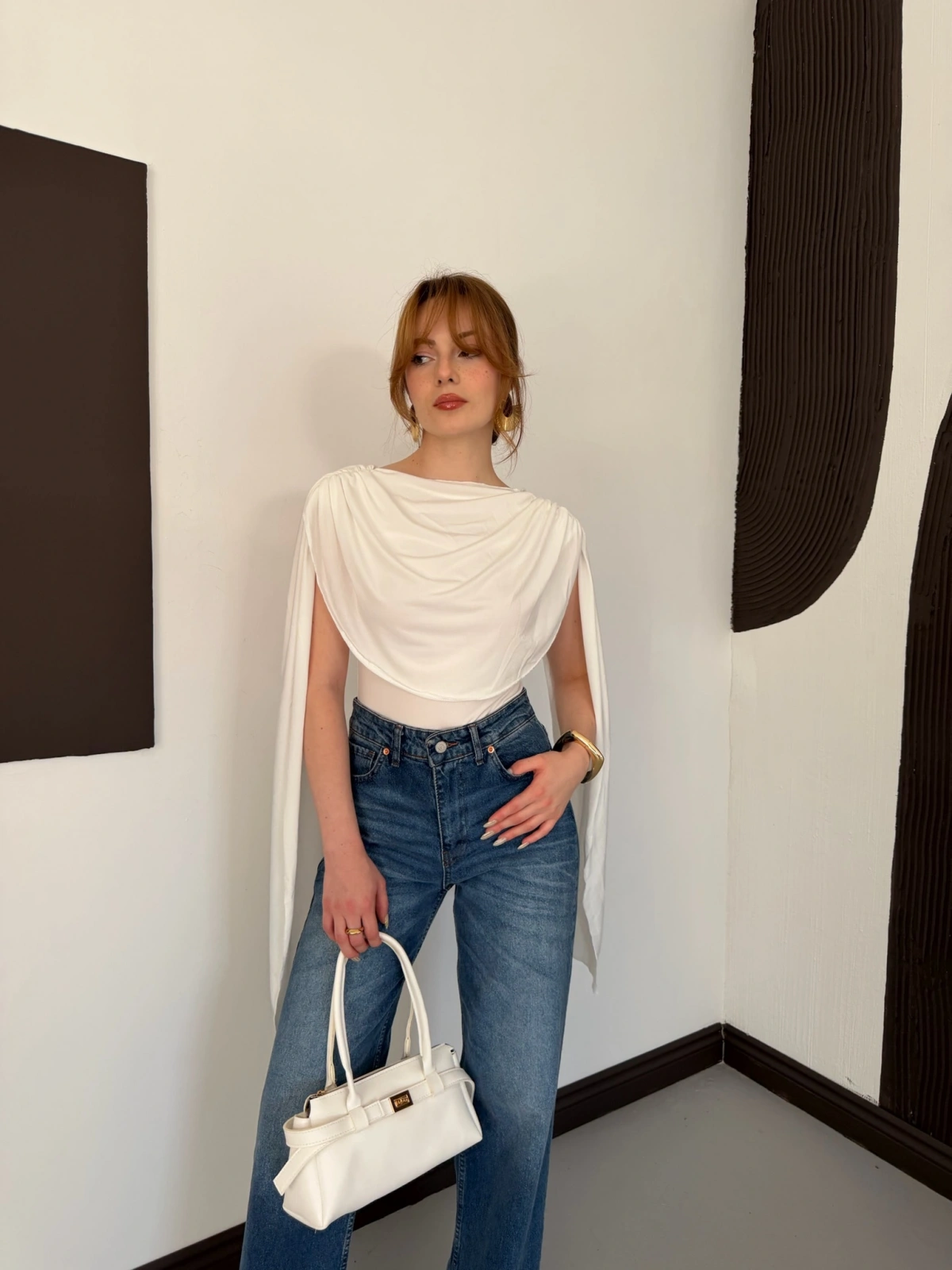 Pelerin Detaylı Body Suit Beyaz