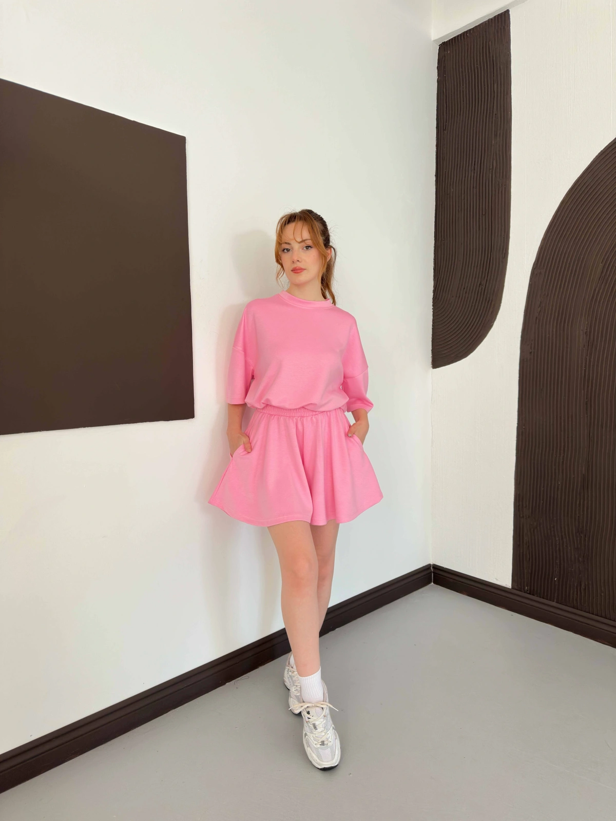 Pileli Şort Etek- Tişört Modal Takım Pembe