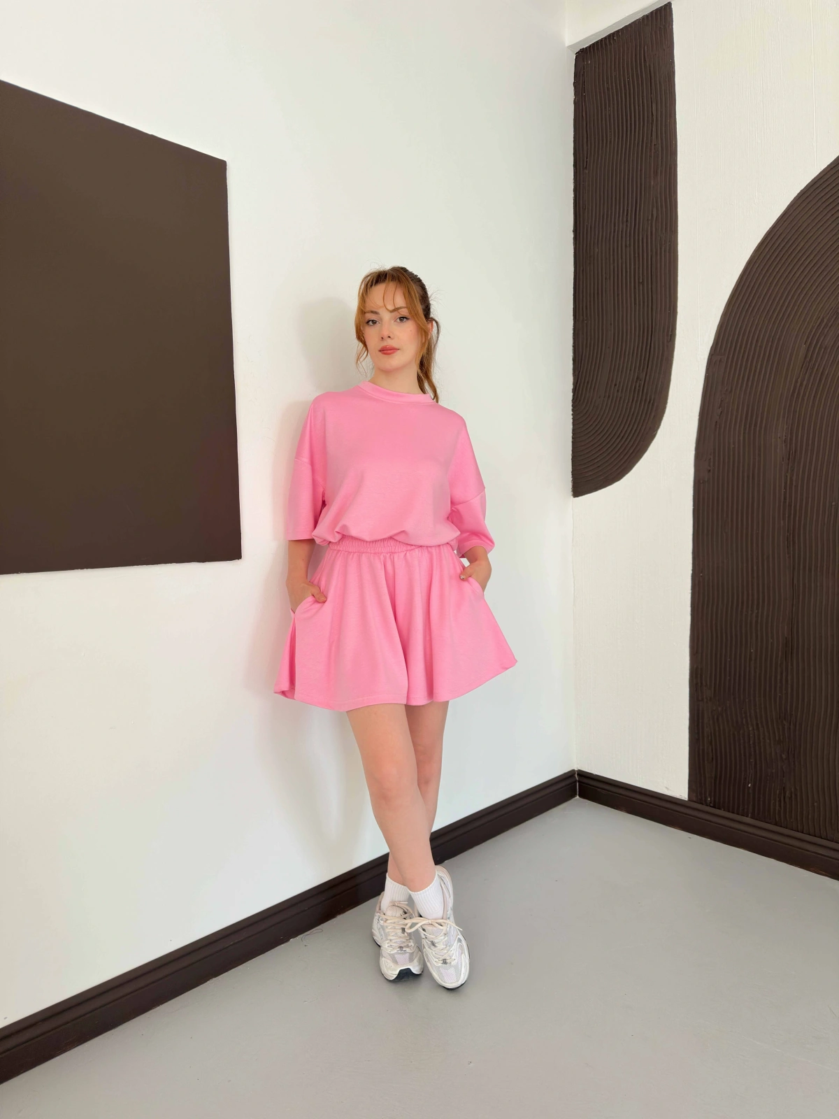 Pileli Şort Etek- Tişört Modal Takım Pembe