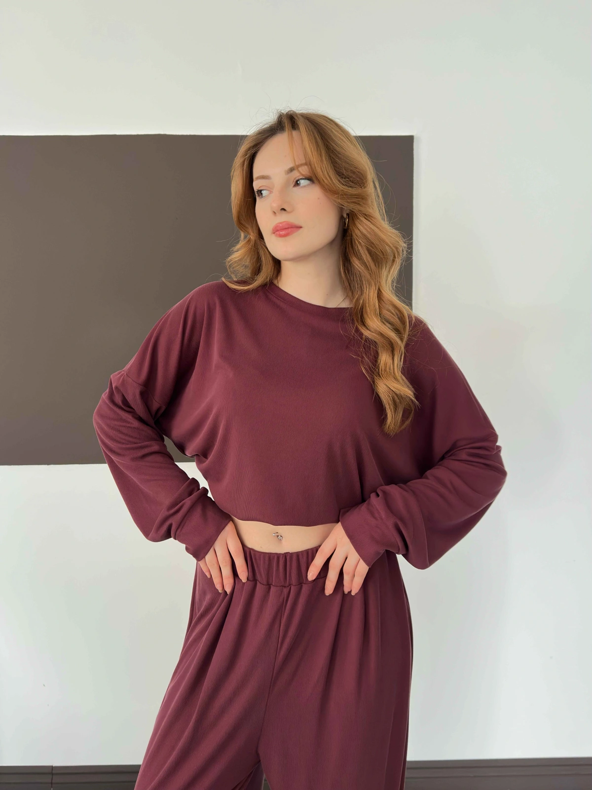 Pilise Detaylı Pantolon-Bluz Takım Bordo