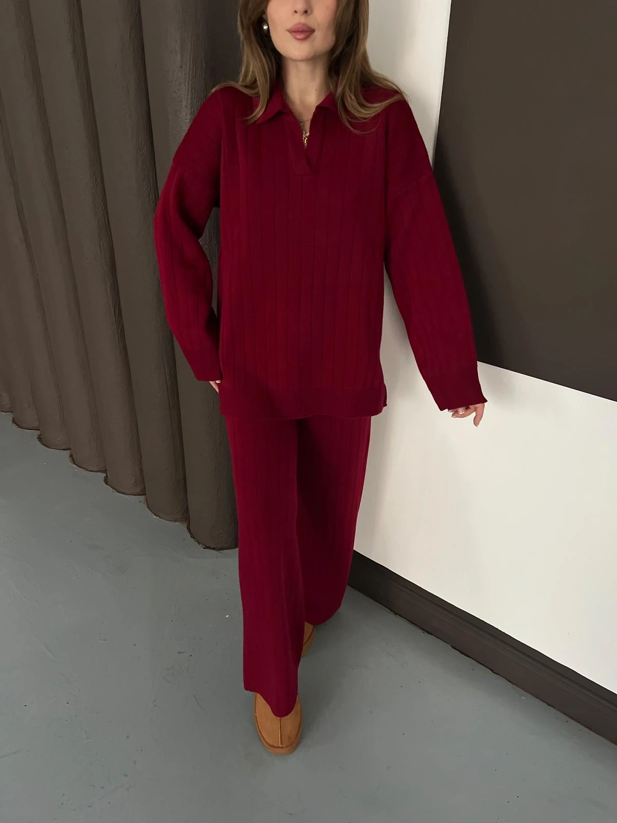 Polo Yaka Triko Pantolonlu Takım Bordo