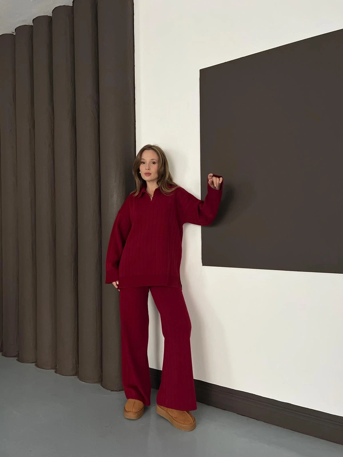 Polo Yaka Triko Pantolonlu Takım Bordo