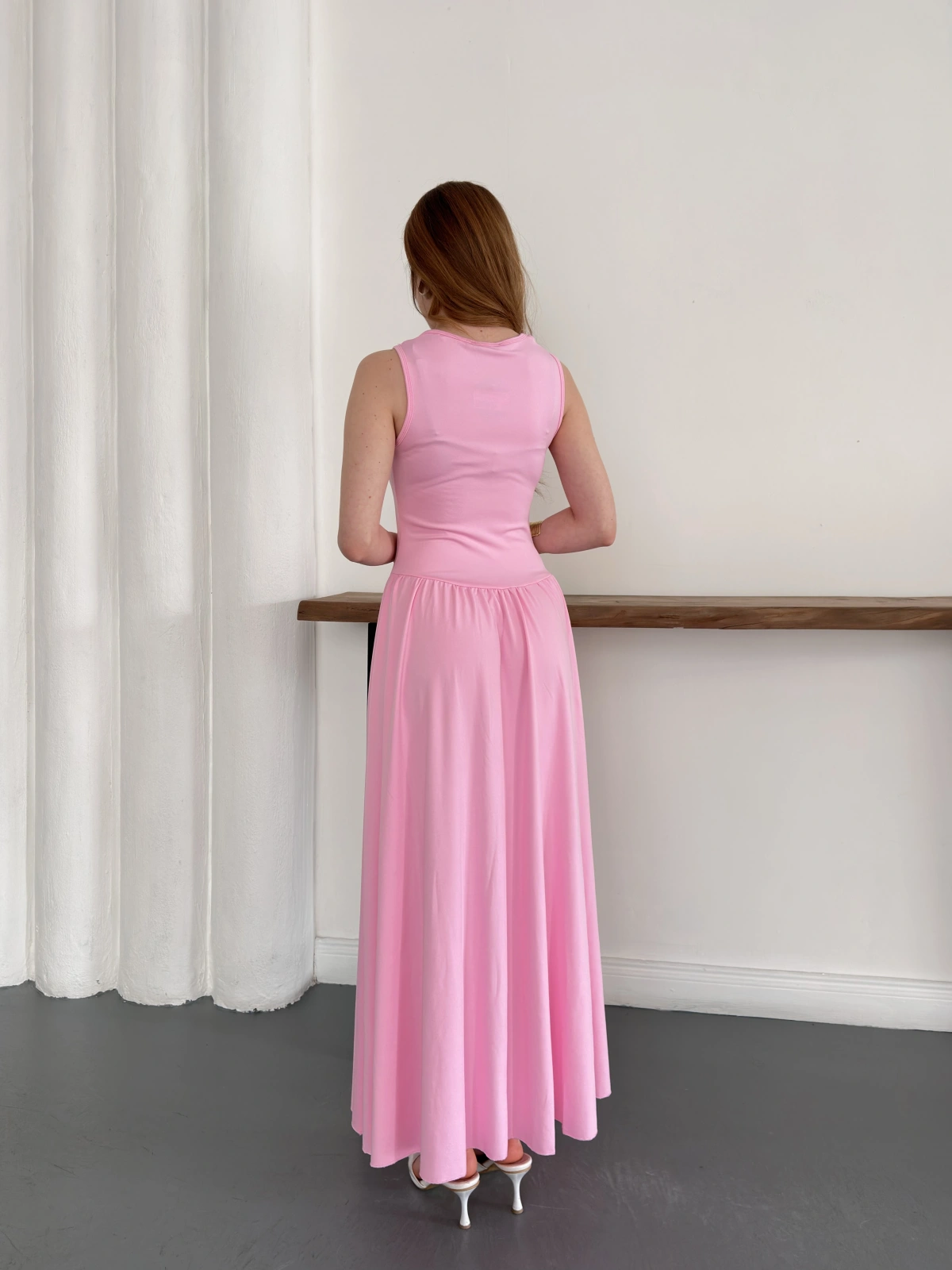 Premium Dokulu Prenses Uzun Elbise Pembe