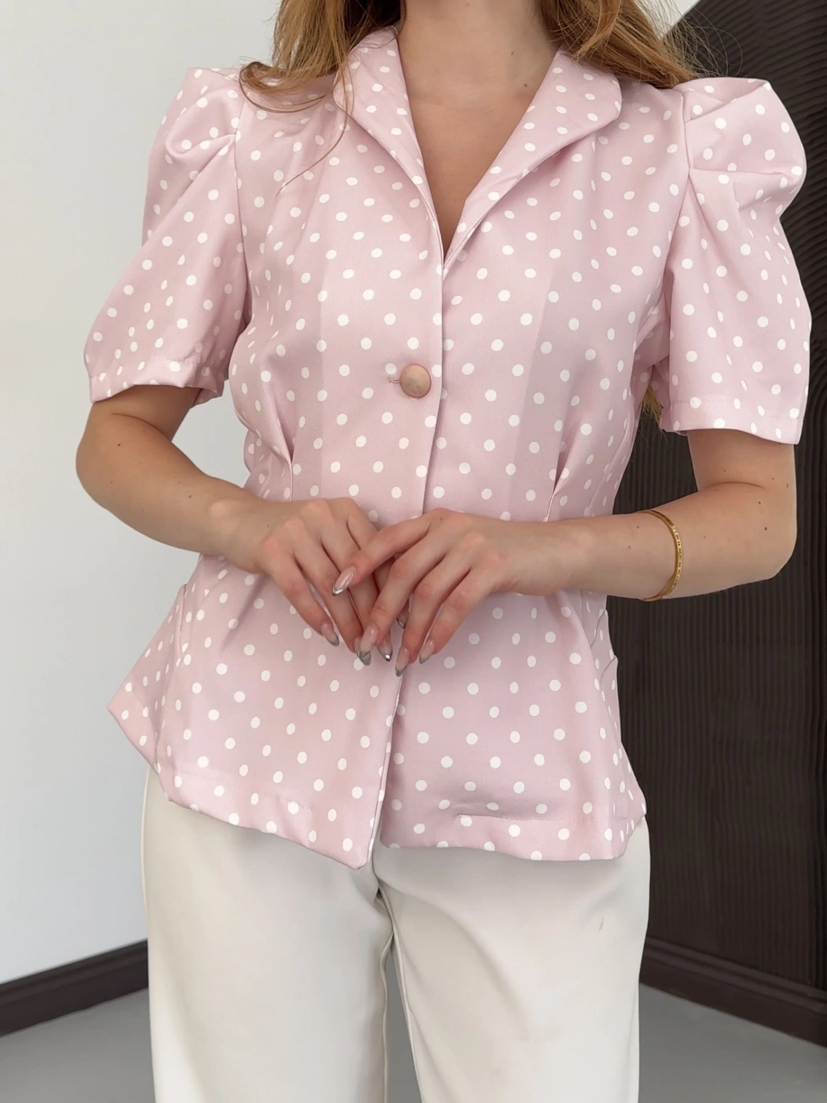 Puantiyeli Balon Kol Blazer Ceket Pembe
