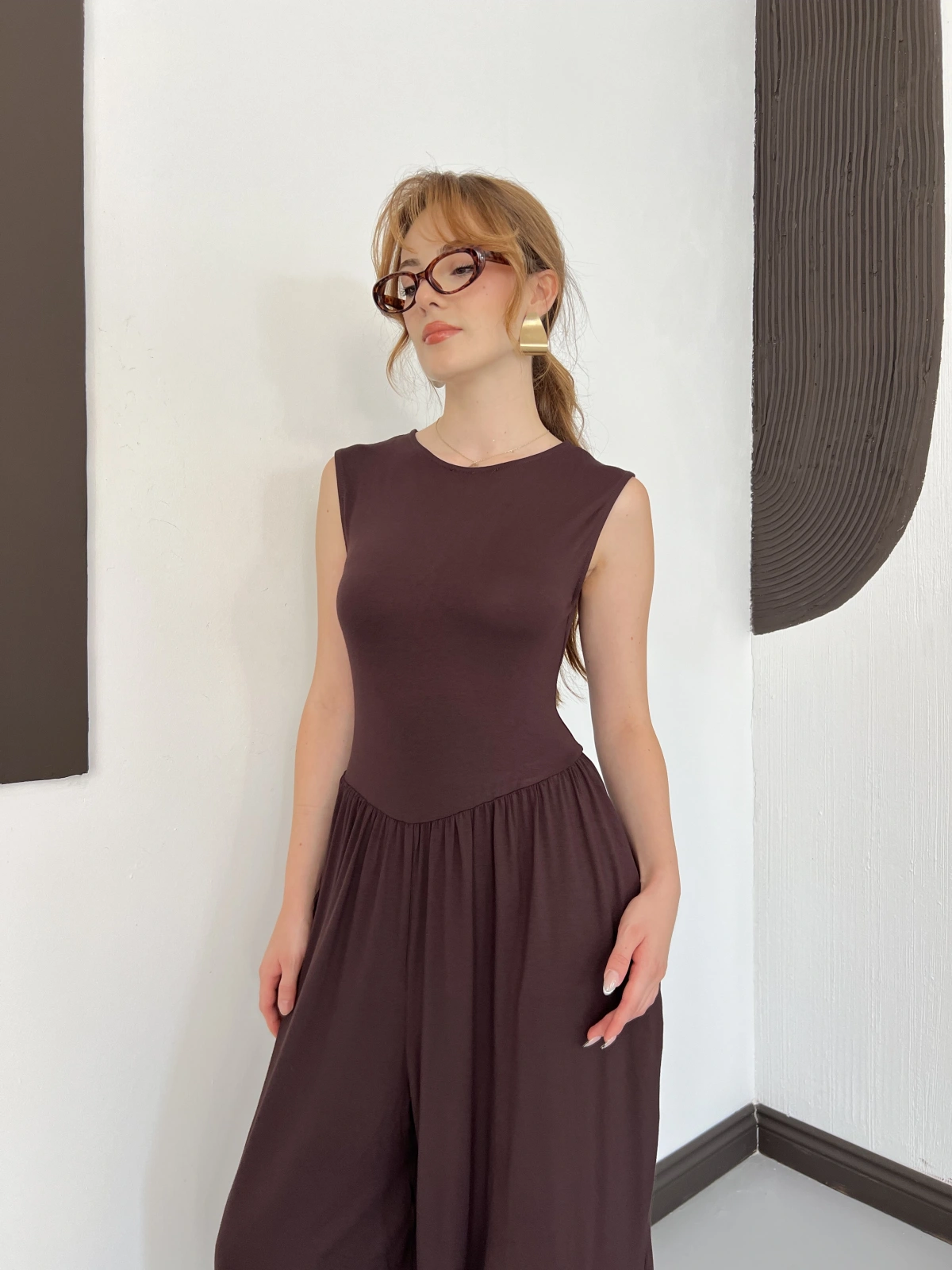 Sıfır Kol Basic Şalvar Tulum Kahve