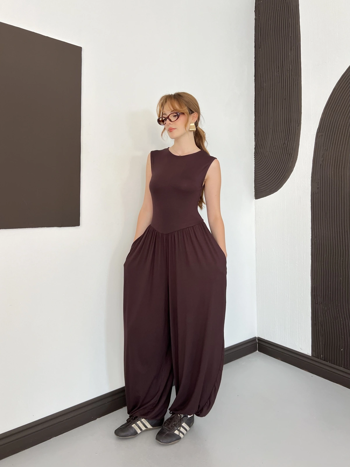 Sıfır Kol Basic Şalvar Tulum Kahve