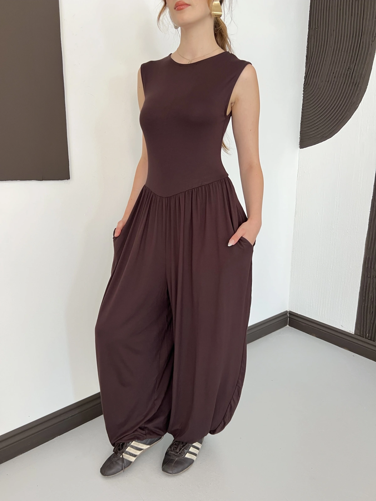 Sıfır Kol Basic Şalvar Tulum Kahve