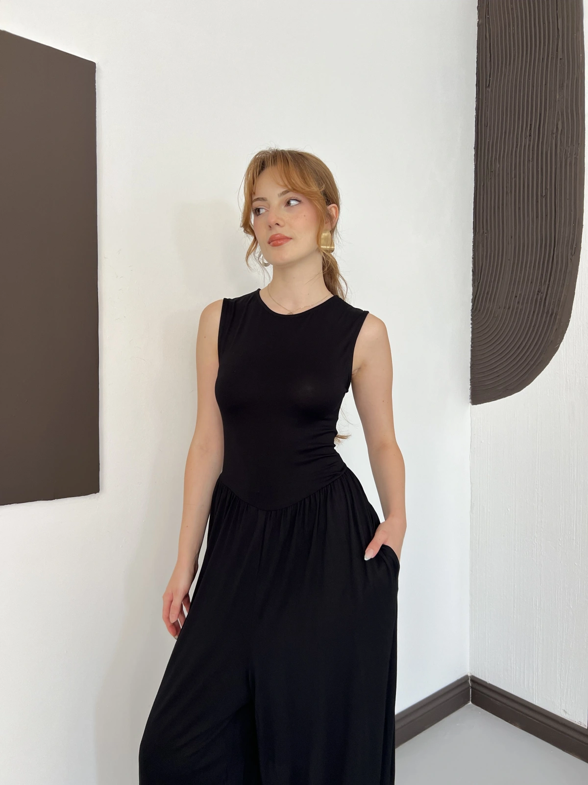 Sıfır Kol Basic Şalvar Tulum Siyah