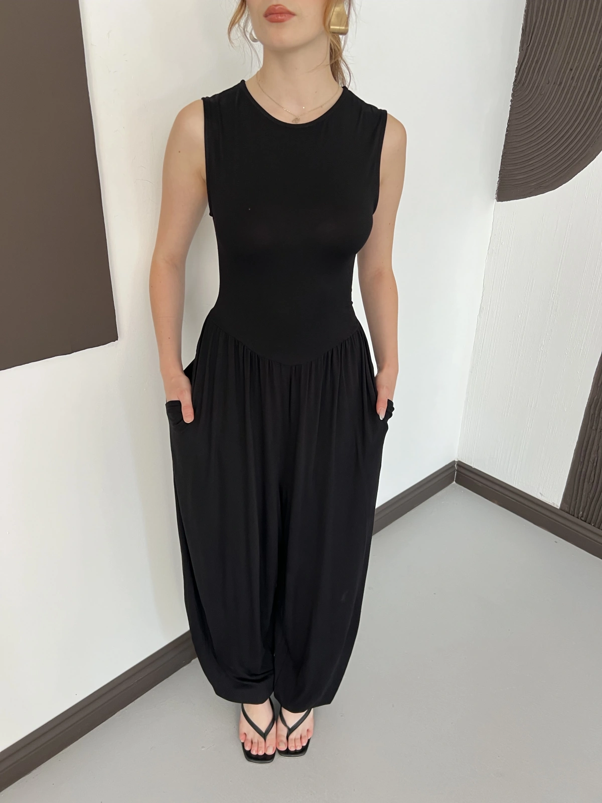 Sıfır Kol Basic Şalvar Tulum Siyah