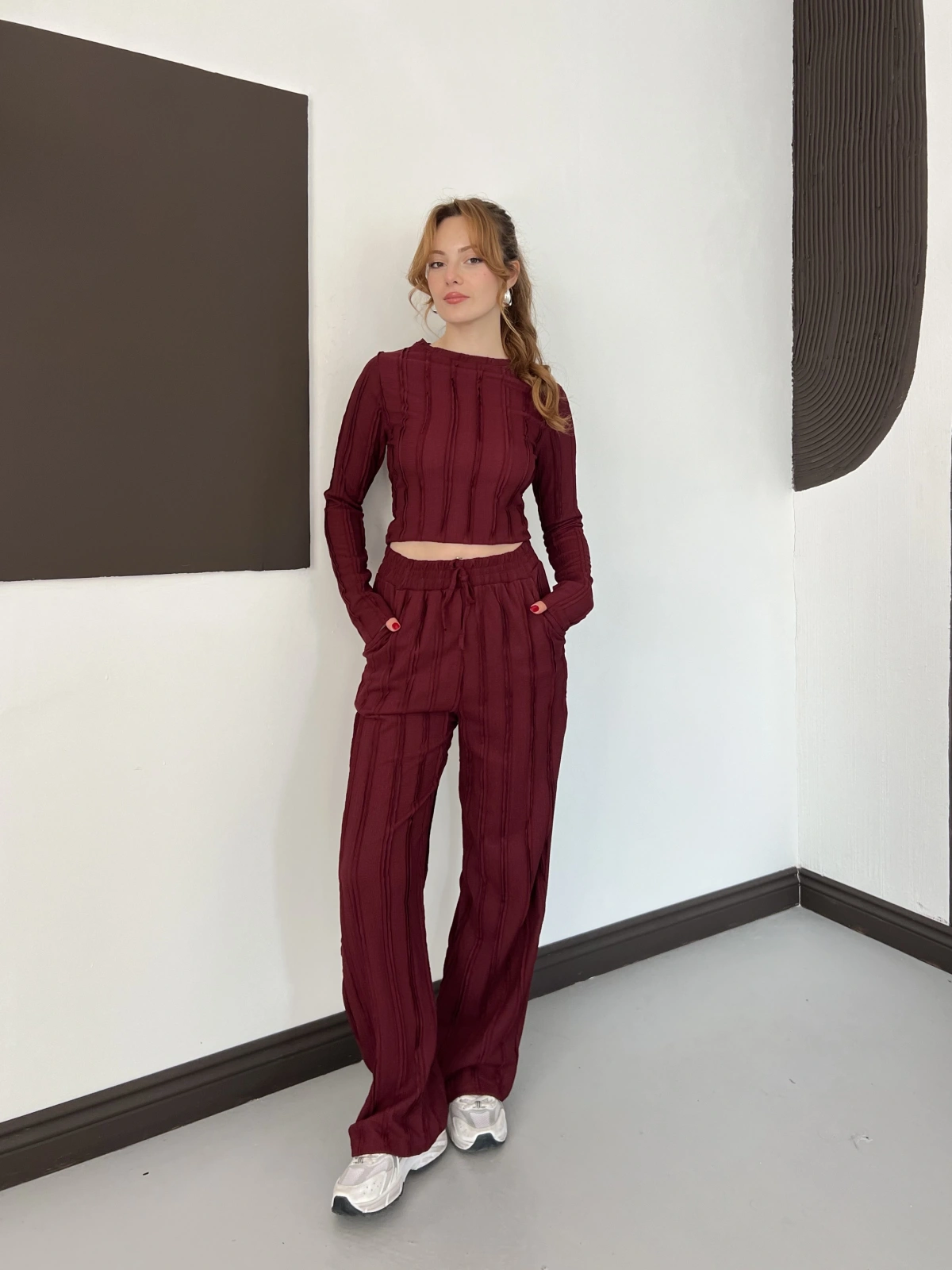Ters Dikiş Bol Paça Pantolon-Bluz Takım Bordo