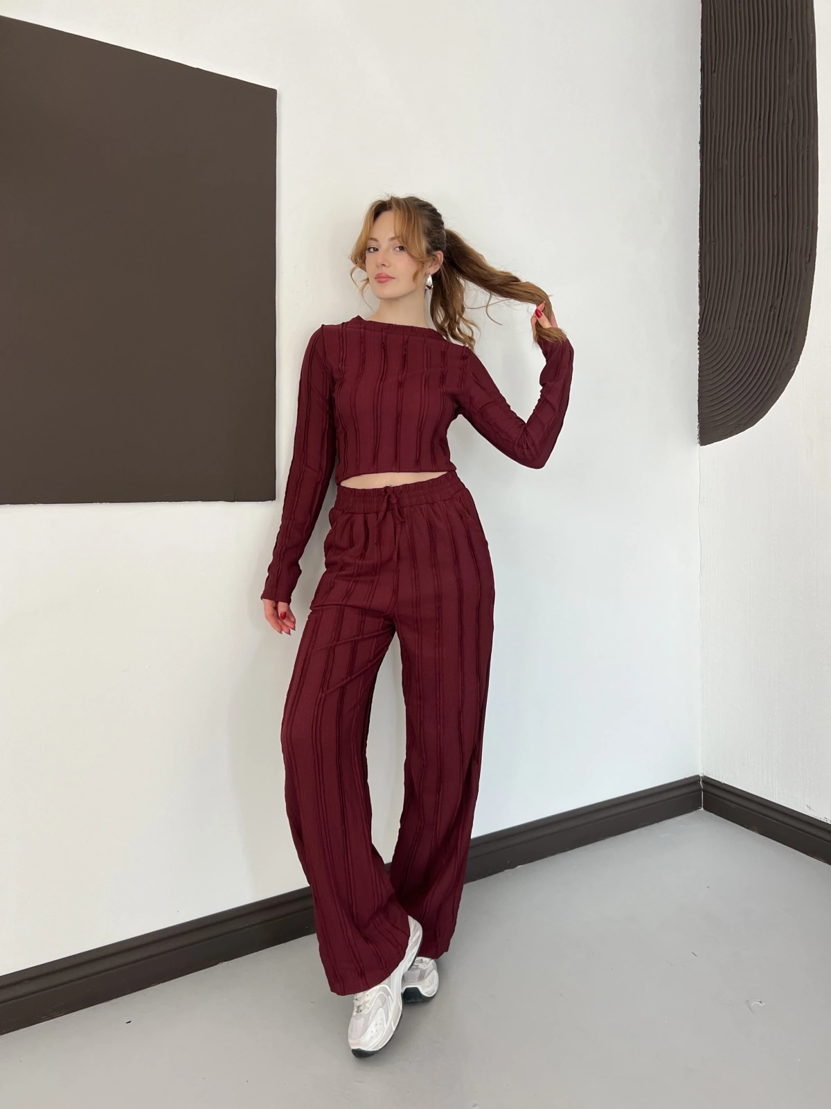 Ters Dikiş Bol Paça Pantolon-Bluz Takım Bordo