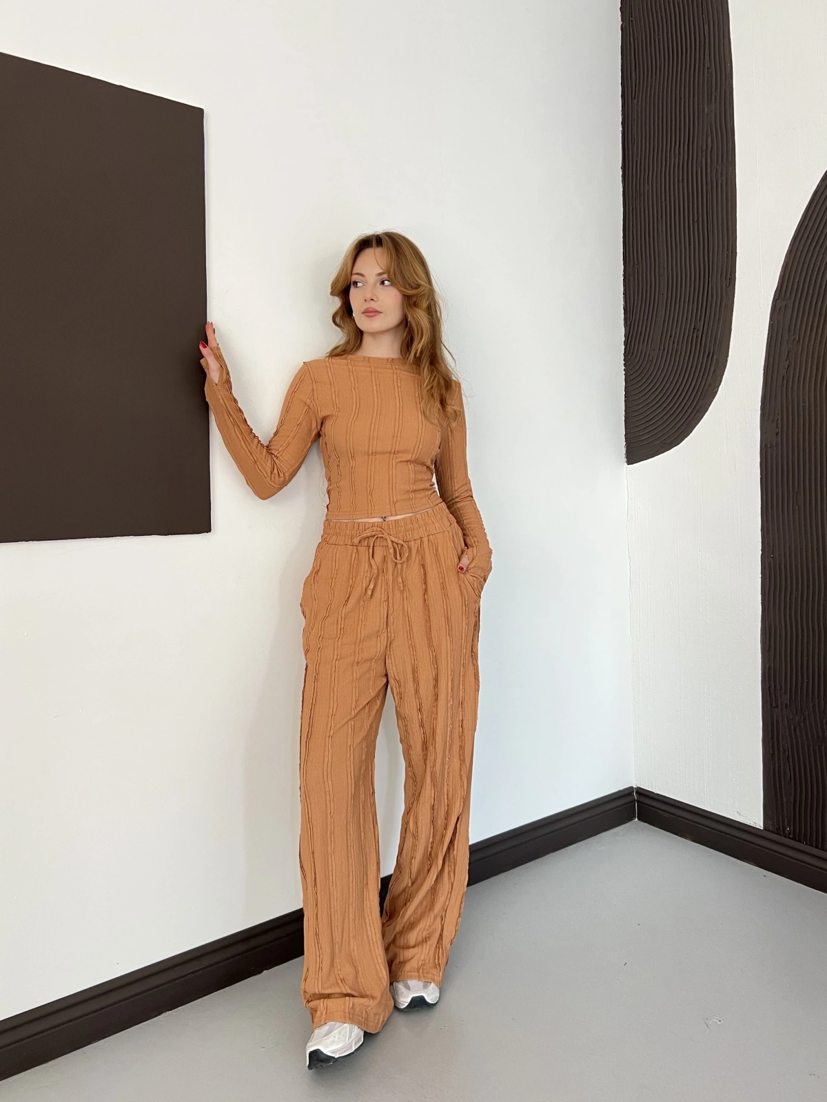 Ters Dikiş Bol Paça Pantolon-Bluz Takım Hardal