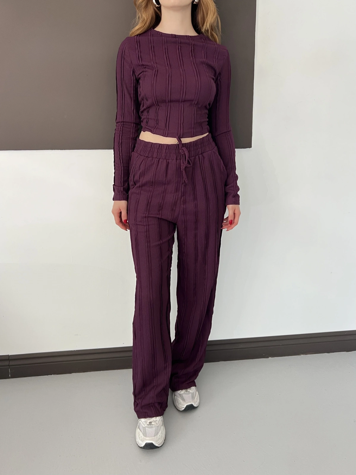 Ters Dikiş Bol Paça Pantolon-Bluz Takım Mürdüm