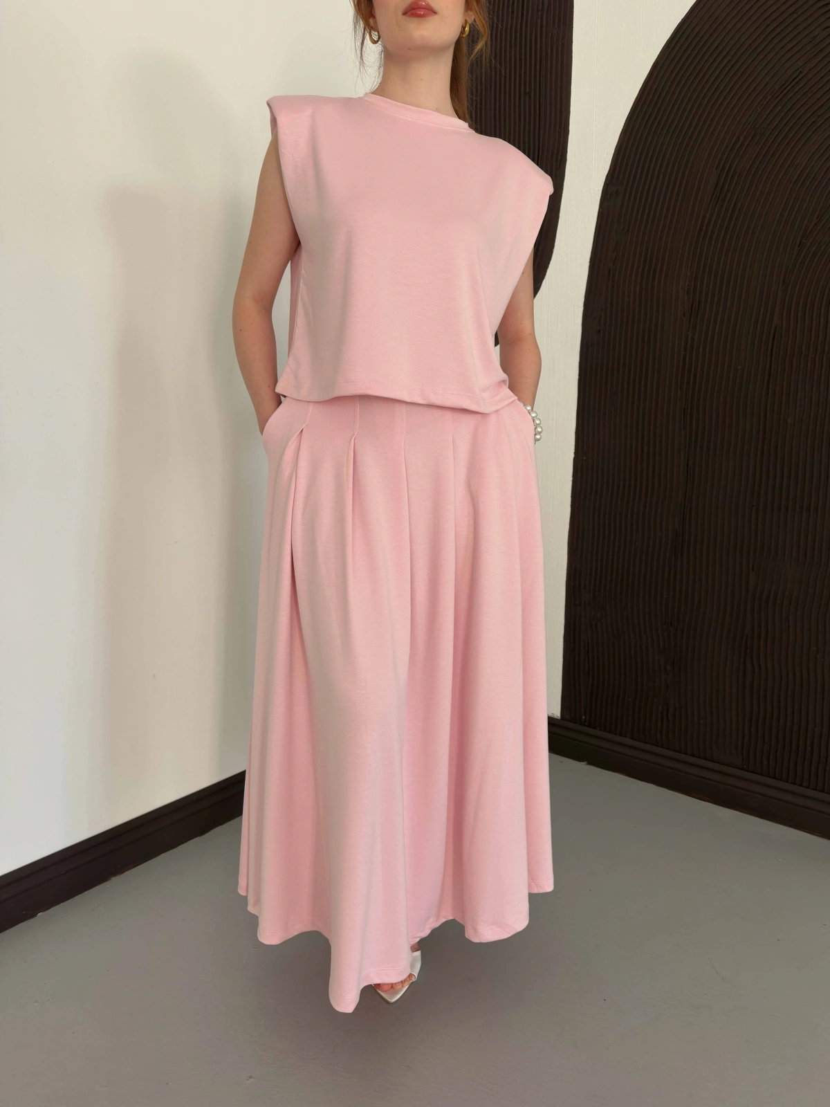 Vatkalı Bluz Piliseli Etek Takım Pembe