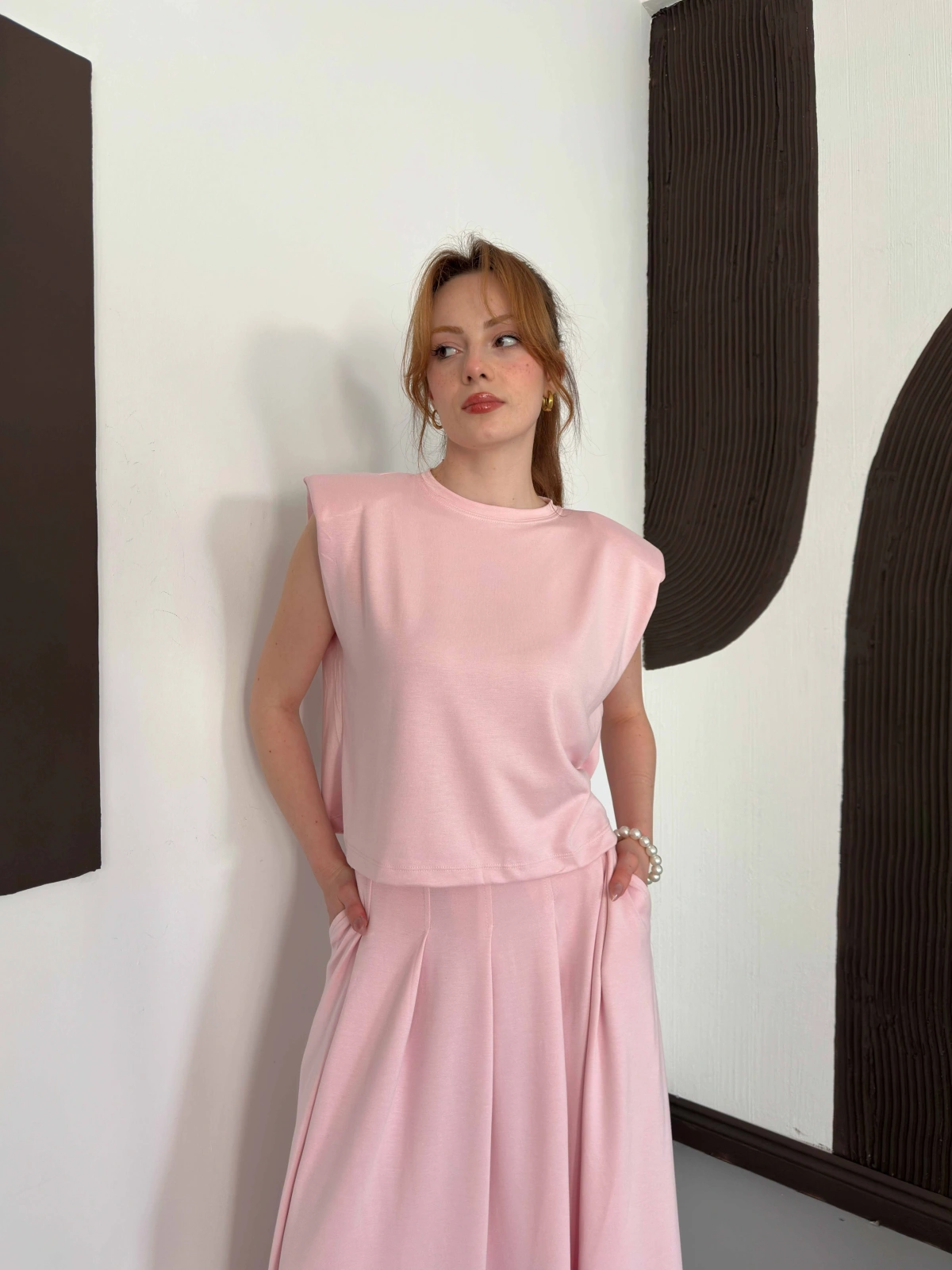 Vatkalı Bluz Piliseli Etek Takım Pembe