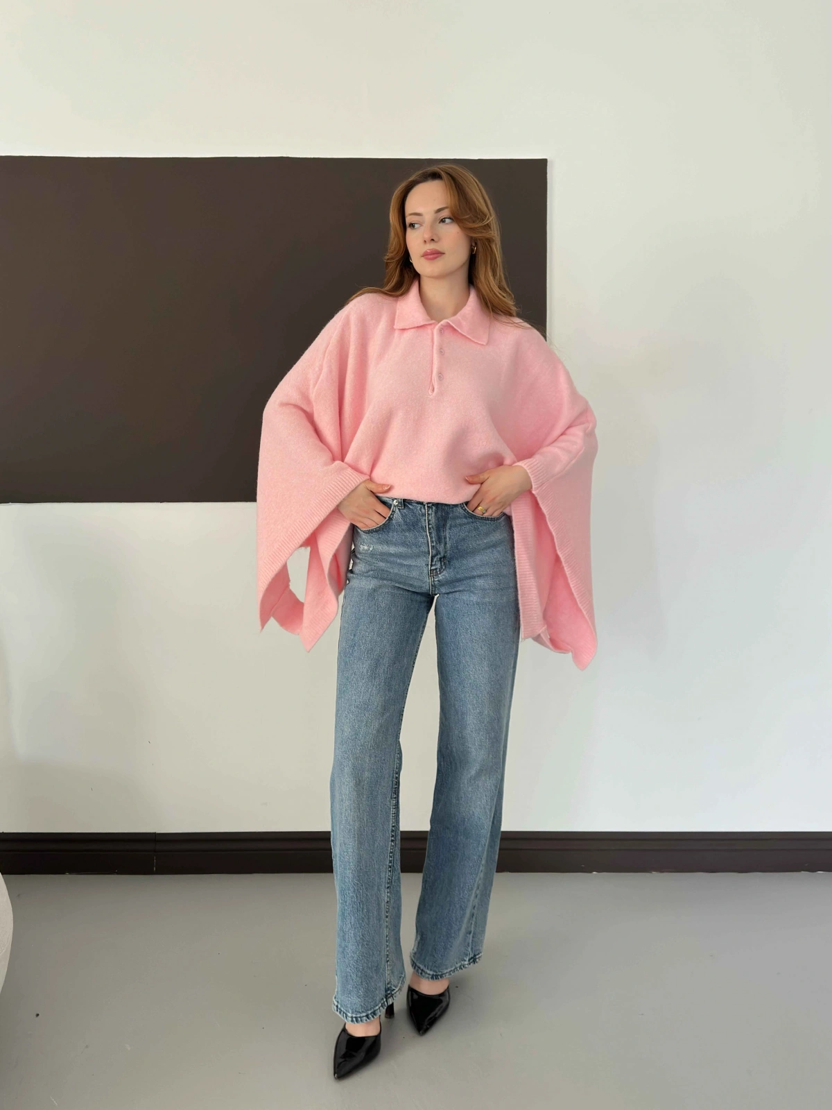 Yakalı Panço Triko Kazak Pembe