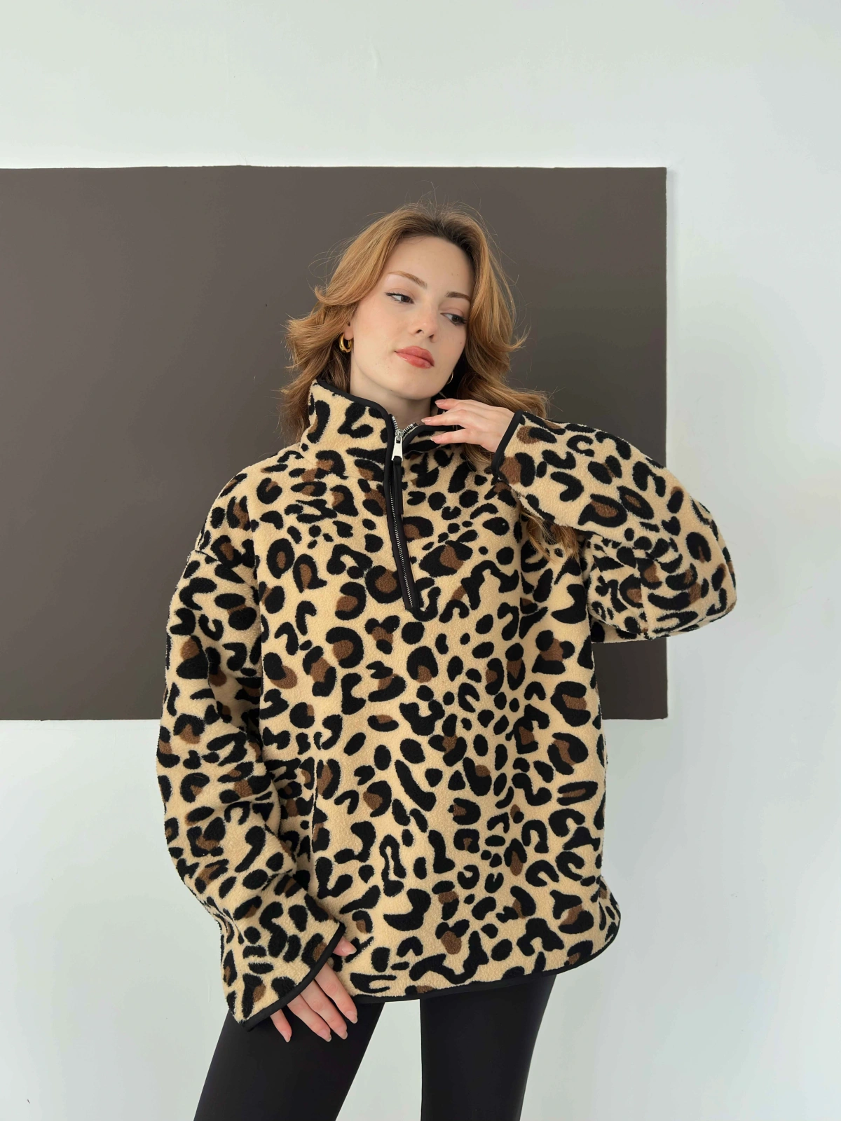 Yarım Fermuar Desenli Peluş Polar Leopar