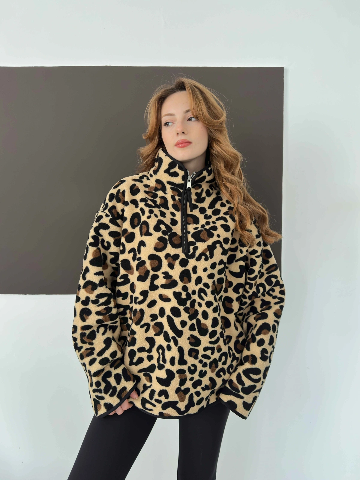 Yarım Fermuar Desenli Peluş Polar Leopar