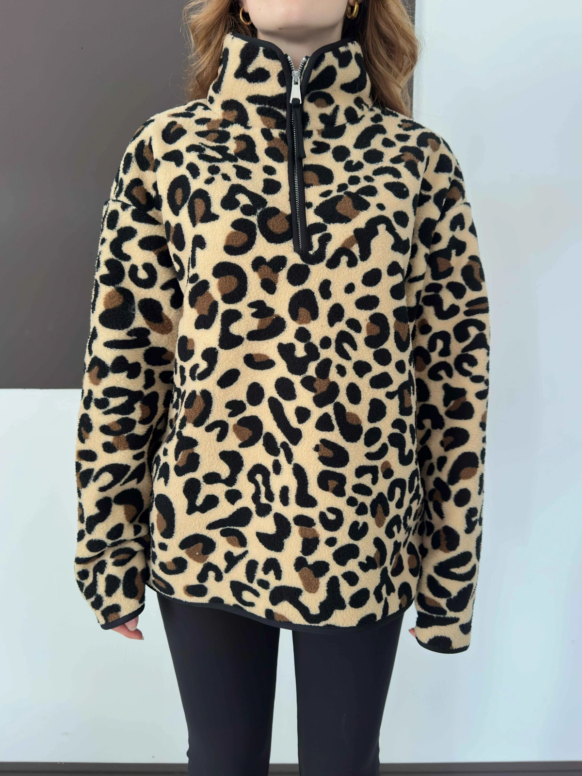 Yarım Fermuar Desenli Peluş Polar Leopar