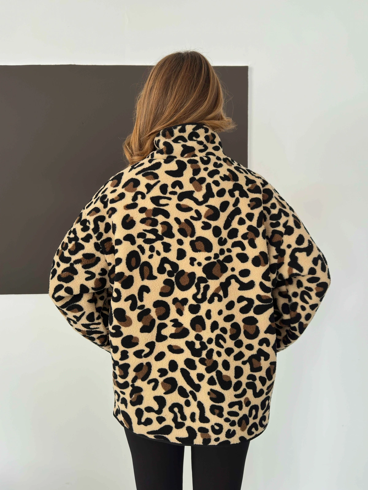 Yarım Fermuar Desenli Peluş Polar Leopar
