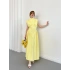 Vatkalı Sırt Bağlamalı Drepeli Sıfır Kol Elbise Sarı