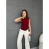Büzgü Detay Dik Yaka Bluz Kırmızı