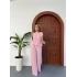 Dikiş Detaylı Sıfır Kol Keten Takım Pembe