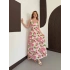 Kare Yaka Kalın Askılı Desenli Midi Elbise Pembe