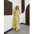 Kare Yaka Kalın Askılı Desenli Midi Elbise Sarı