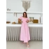 Kare Yaka Ponpon Detay Keten Elbise Pembe