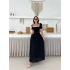 Kare Yaka Ponpon Detay Keten Elbise Siyah