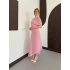 Omuz Büzgü Detay Uzun Elbise Pembe