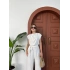 Omuz Vatkalı Bel Kuşaklı Premium Tulum Beyaz