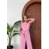 Omuz Vatkalı Bel Kuşaklı Premium Tulum Pembe