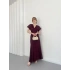 V Yaka Pileli Saten Midi Elbise Mürdüm