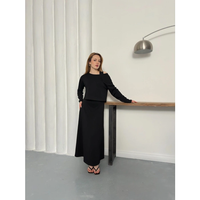 Tek Omuz Croplu Elbiseli Modal Takım Siyah