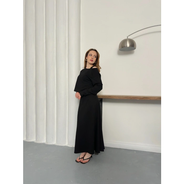 Tek Omuz Croplu Elbiseli Modal Takım Siyah