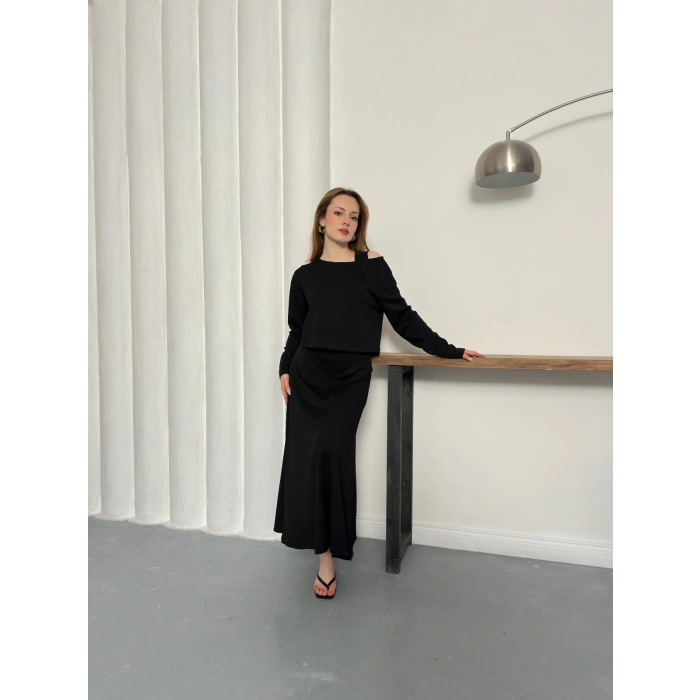 Tek Omuz Croplu Elbiseli Modal Takım Siyah